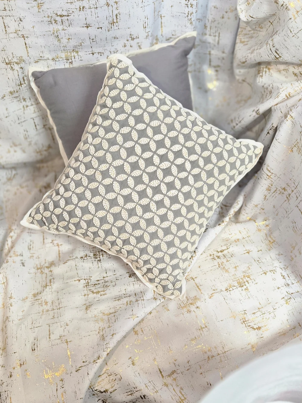 Pier 1 Gray and White Beaded Haven And Key Pattern Accent Pillows - Pair